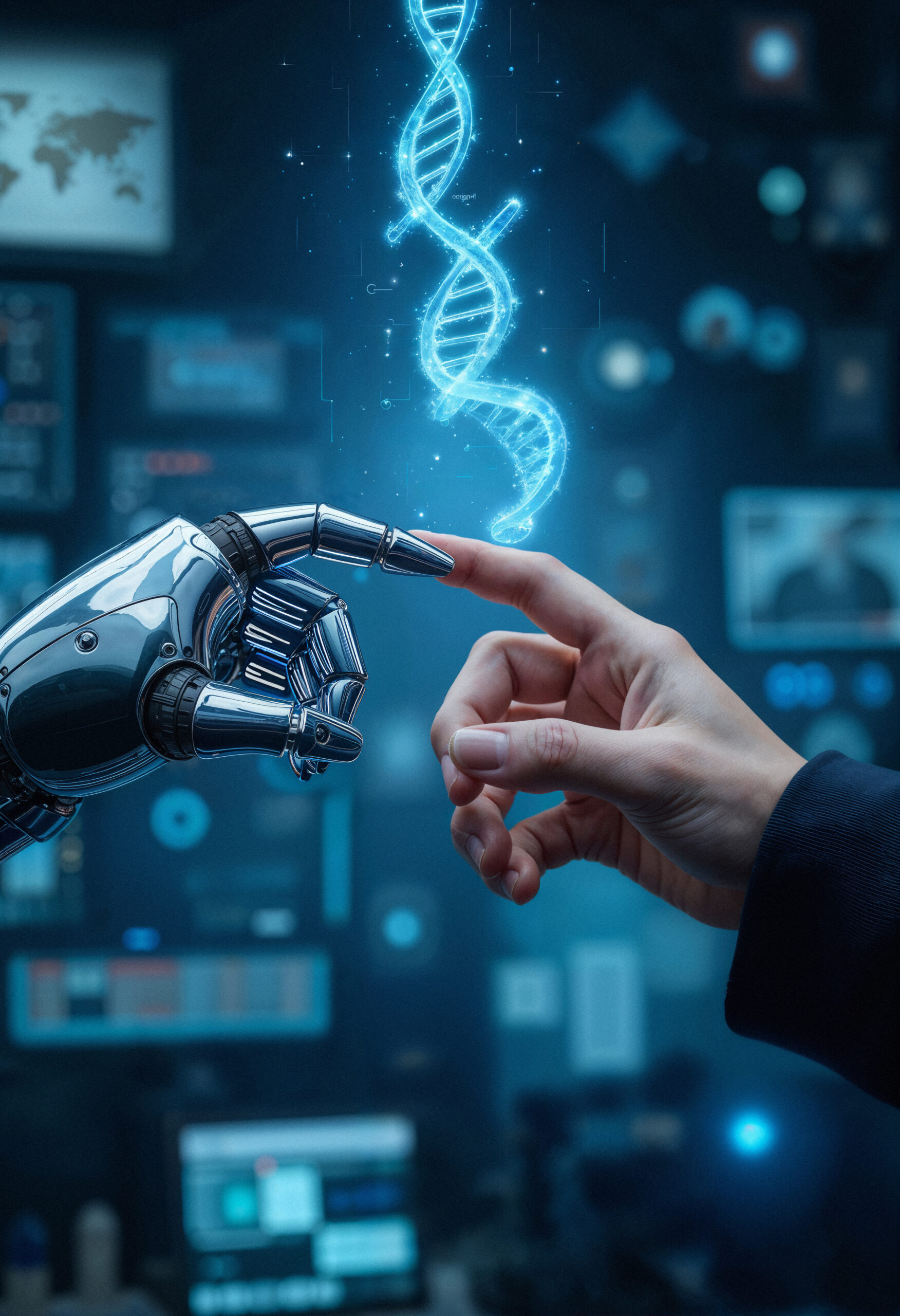 robot-hand-touching-glowing-dna-strand-with-human-hand-futuristic-setting